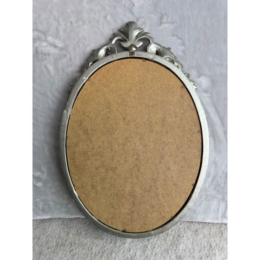 Vintage Ornate Oval Mirror Antique Silver Italy Baroque Scrollwork 18.5x11.5 - Picture 7 of 7